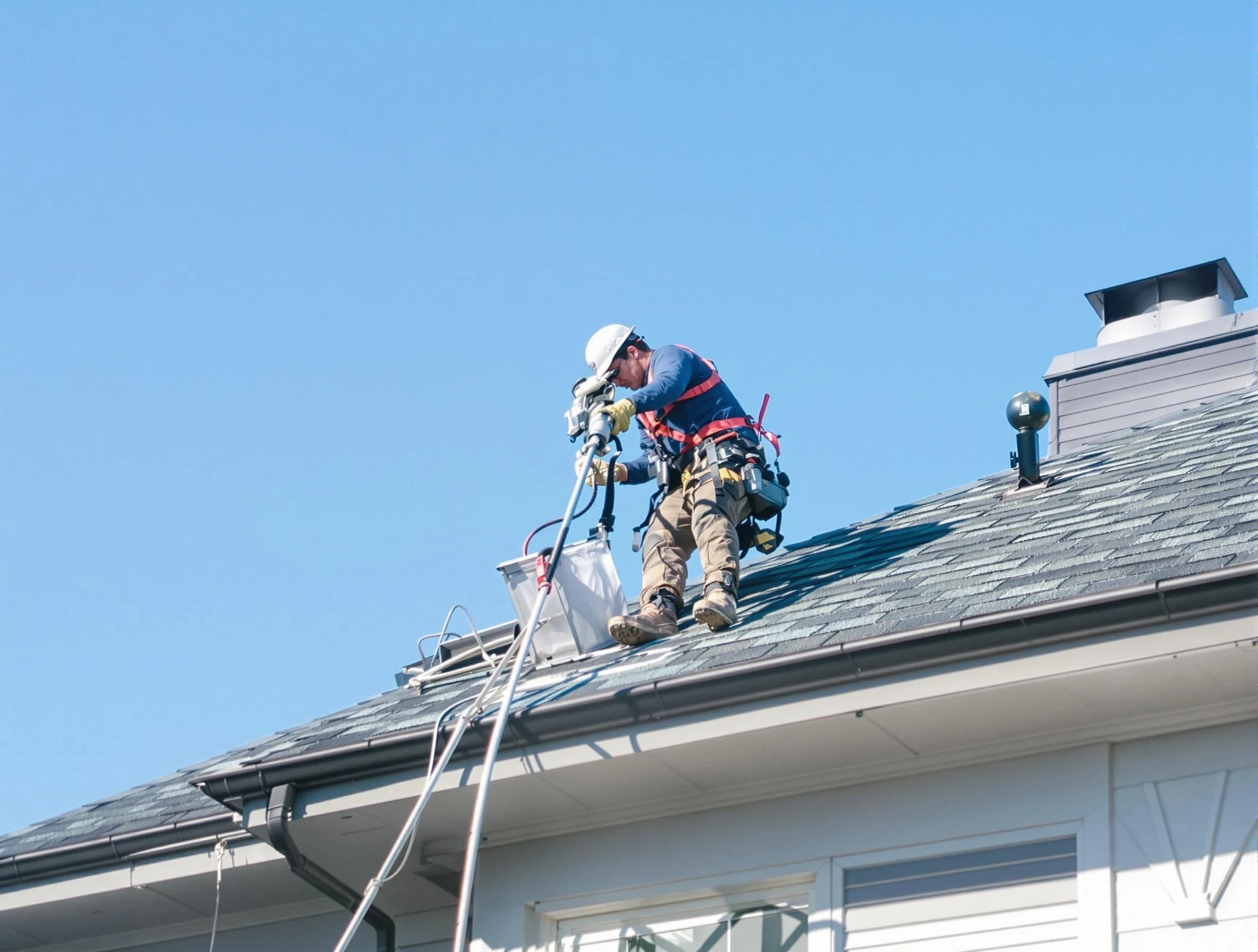 Burlington Dryer Vent Cleaning certified technician cleaning a roof-mounted dryer vent system in Burlington