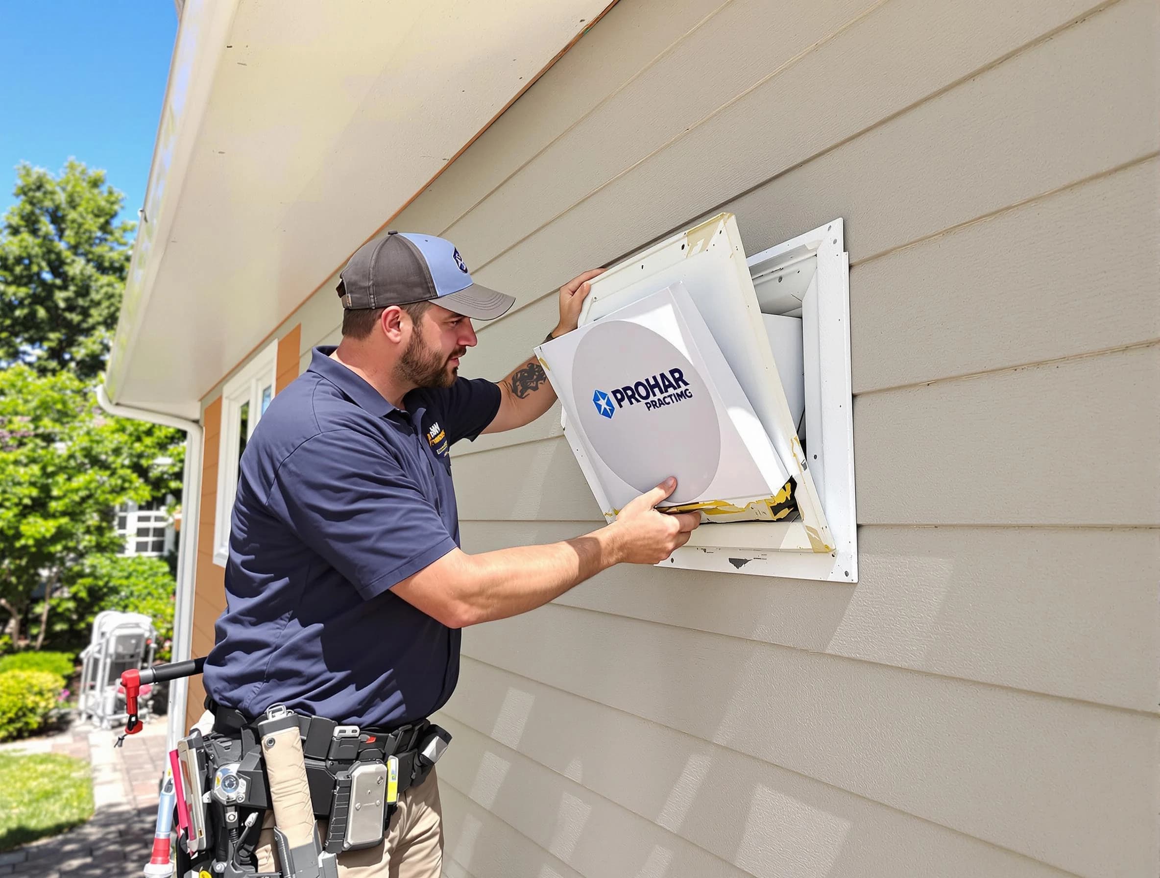 Burlington Dryer Vent Cleaning technician installing a new protective dryer vent cover on a home in Burlington