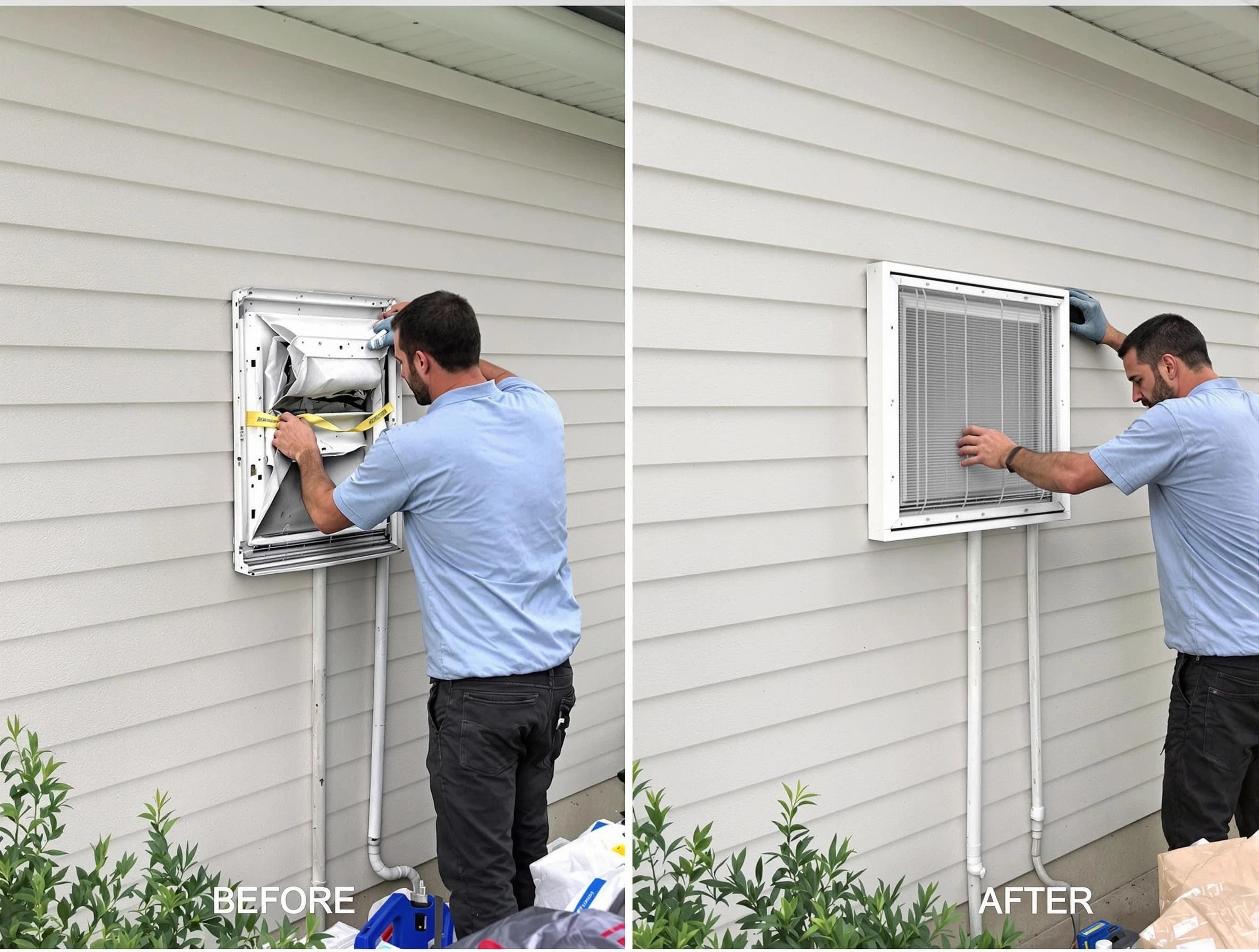 Burlington Dryer Vent Cleaning technician installing high-quality dryer vent cover at a residential property in Burlington