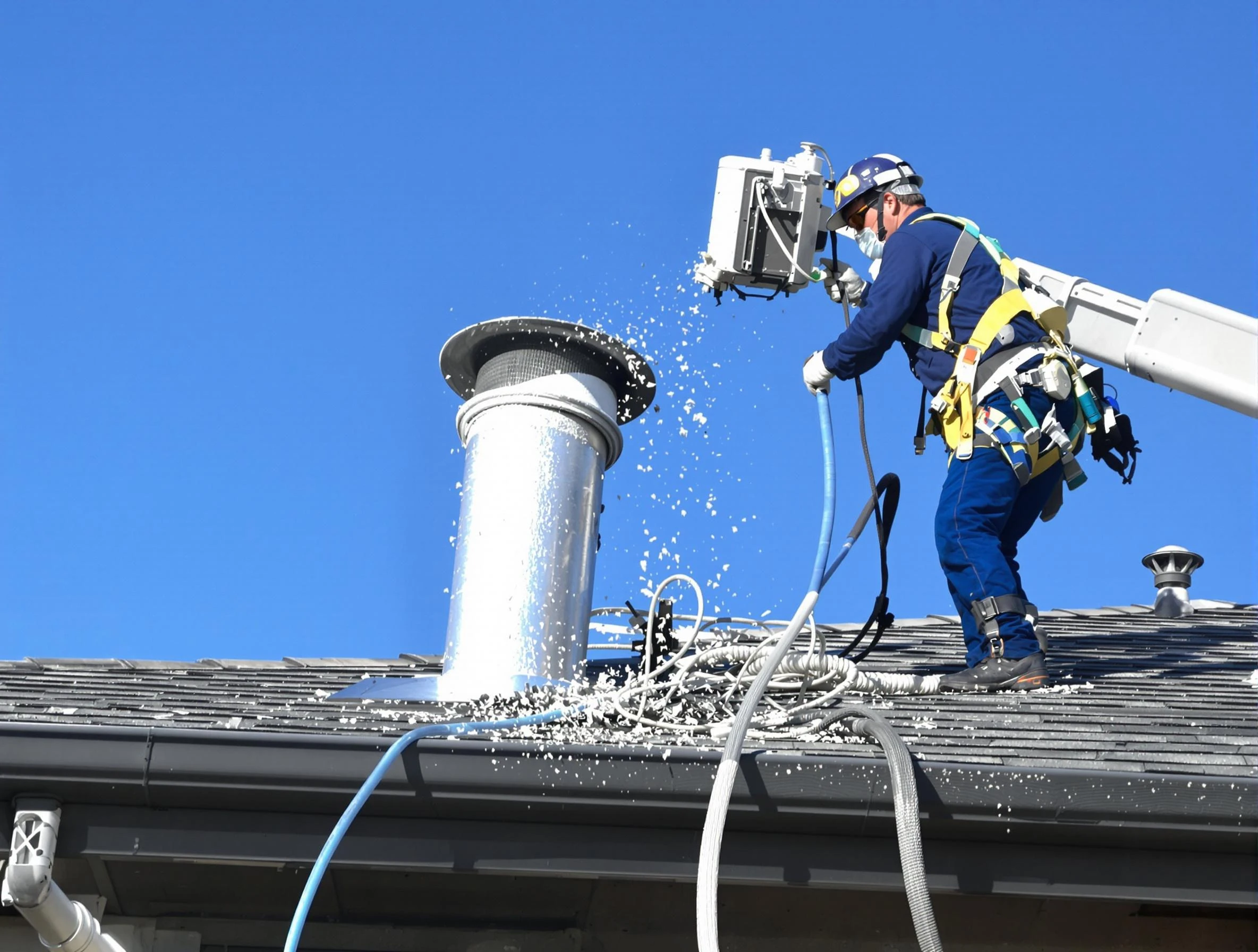 Burlington Dryer Vent Cleaning certified technician safely cleaning a roof-mounted dryer vent in Burlington