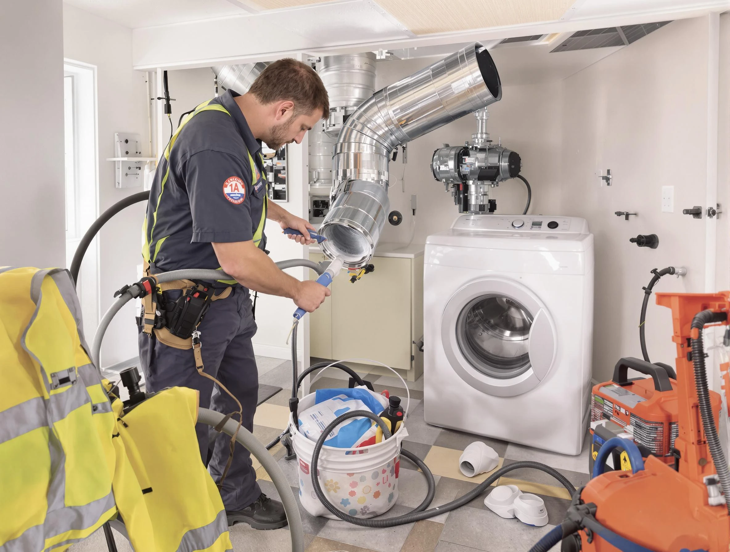 Burlington Dryer Vent Cleaning technician using specialized equipment to clear severe dryer vent blockage in Burlington